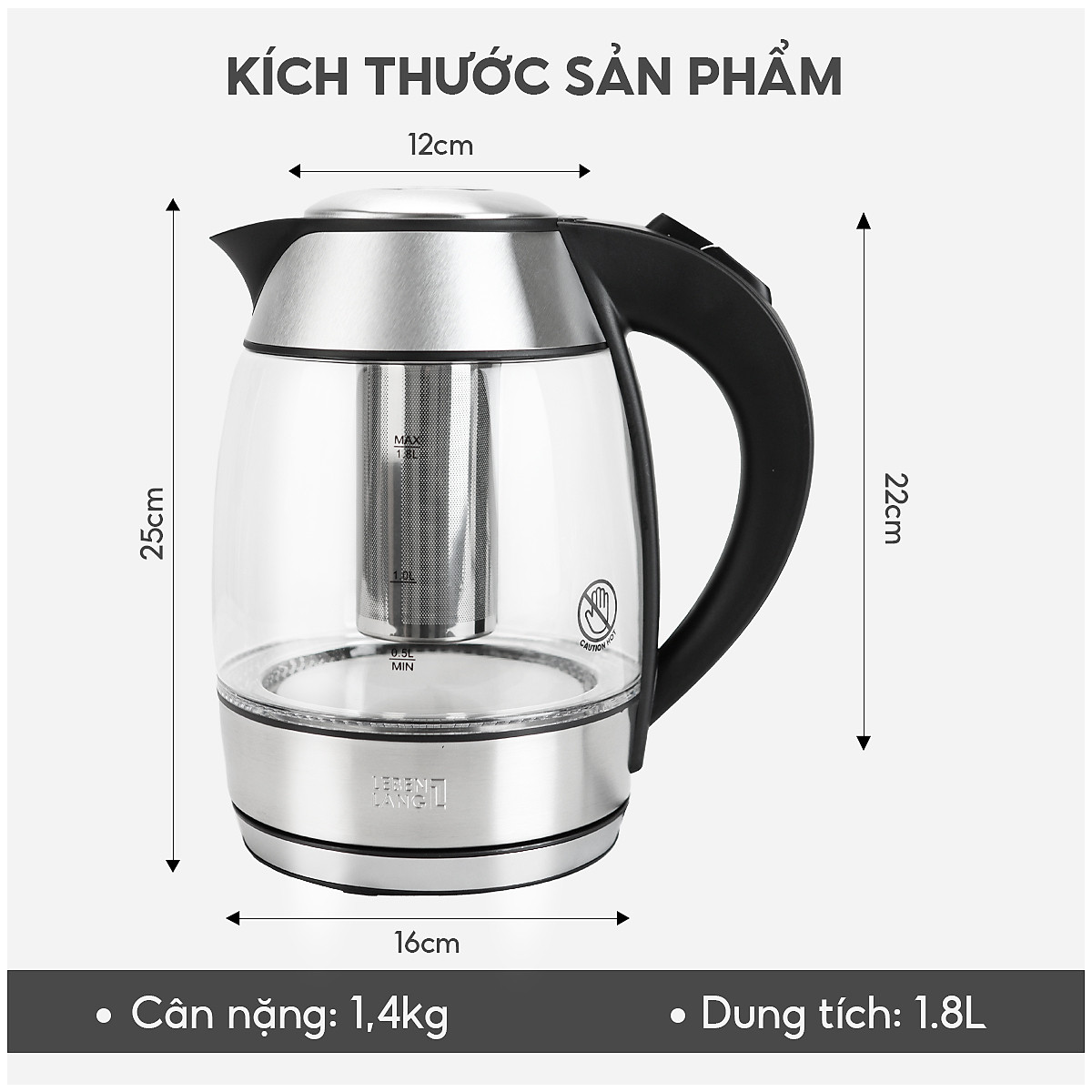 Ấm siêu tốc thuỷ tinh Lebenlang LBE2819, dung tích 1800ml, bảo hành 2 năm - hàng chính hãng
