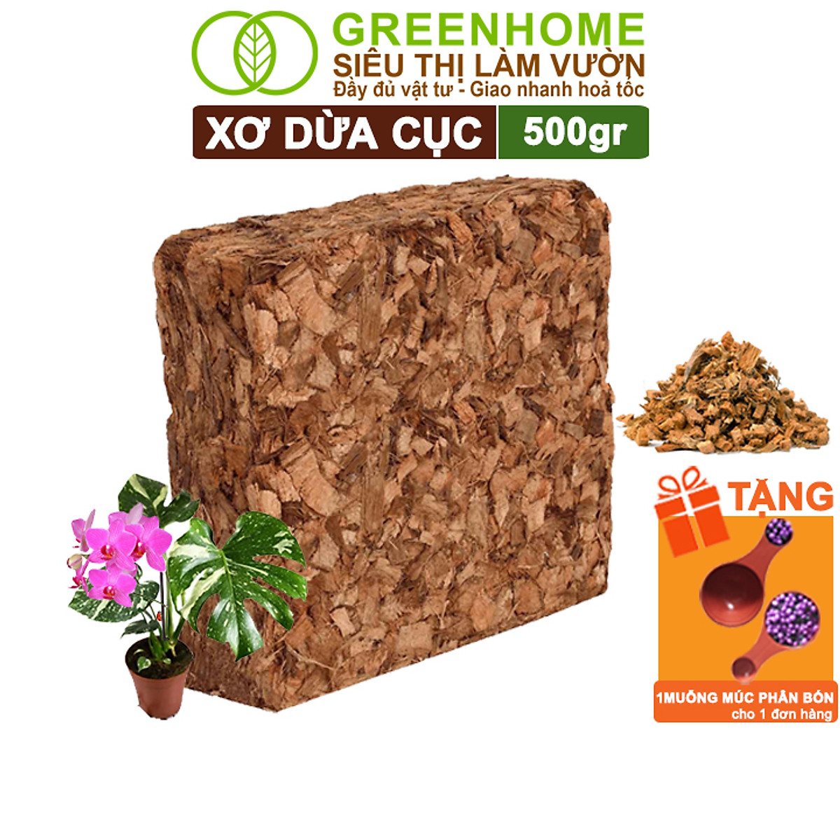 Xơ Dừa Cục Greenhome, Viên 500gr, Sơ Dừa Nén, Nở Gấp 5 Lần, Kích Thích Rễ, Thoát Nước Tốt Giá Thể Kiểng Lá, Phong Lan