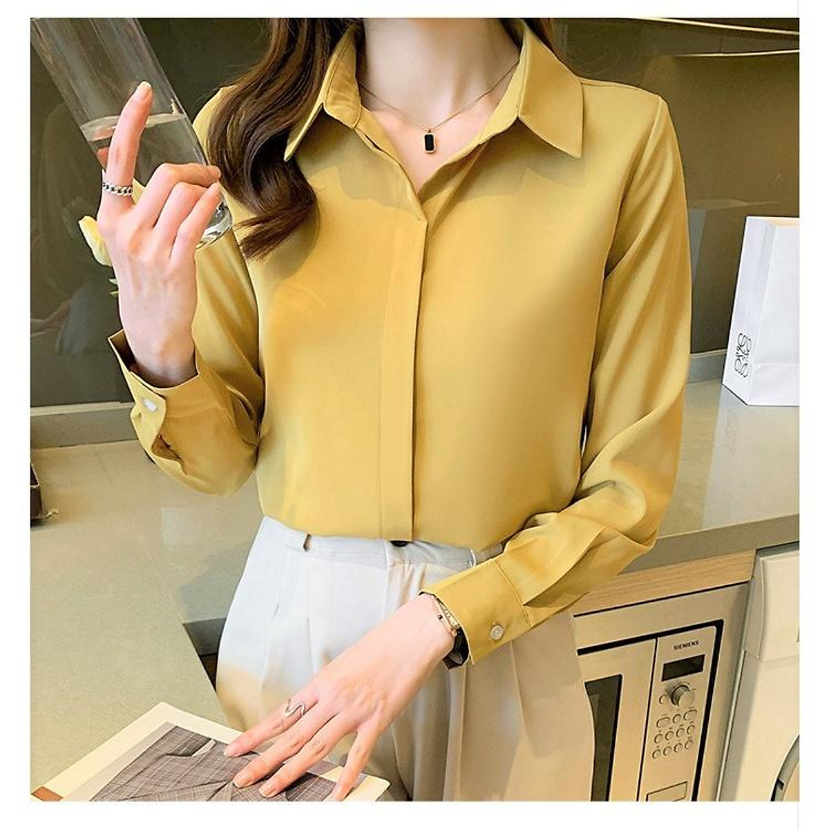 Áo Sơ Mi Nữ Công Sở Màu Vàng Cổ Đức CHIPY Kiểu Hàn Quốc Vintage Ulzzang Áo Sơ Mi Nữ Công Sở Màu Vàng Cổ Đức Chipy Kiểu Hàn Quốc Vintage Ulzzang