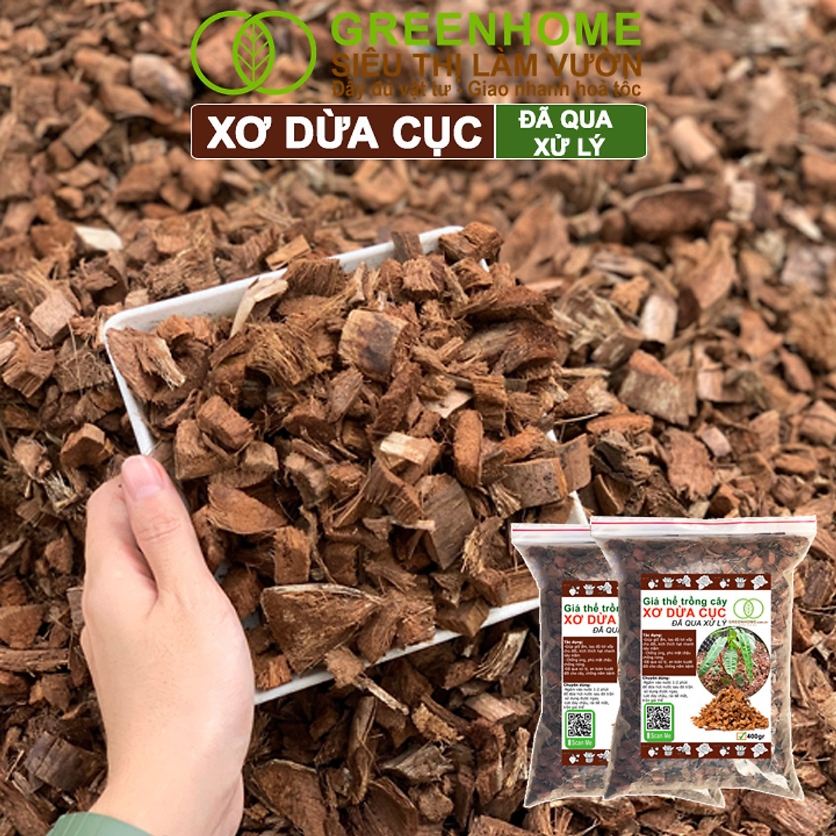 Xơ Dừa Cục Greenhome, Bao 400gr, Giá Thể Đã Qua Xử Lý, Size 1-2cm, Viên Đều Đẹp, Sạch Khuẩn, Trồng Kiểng Lá, Lan