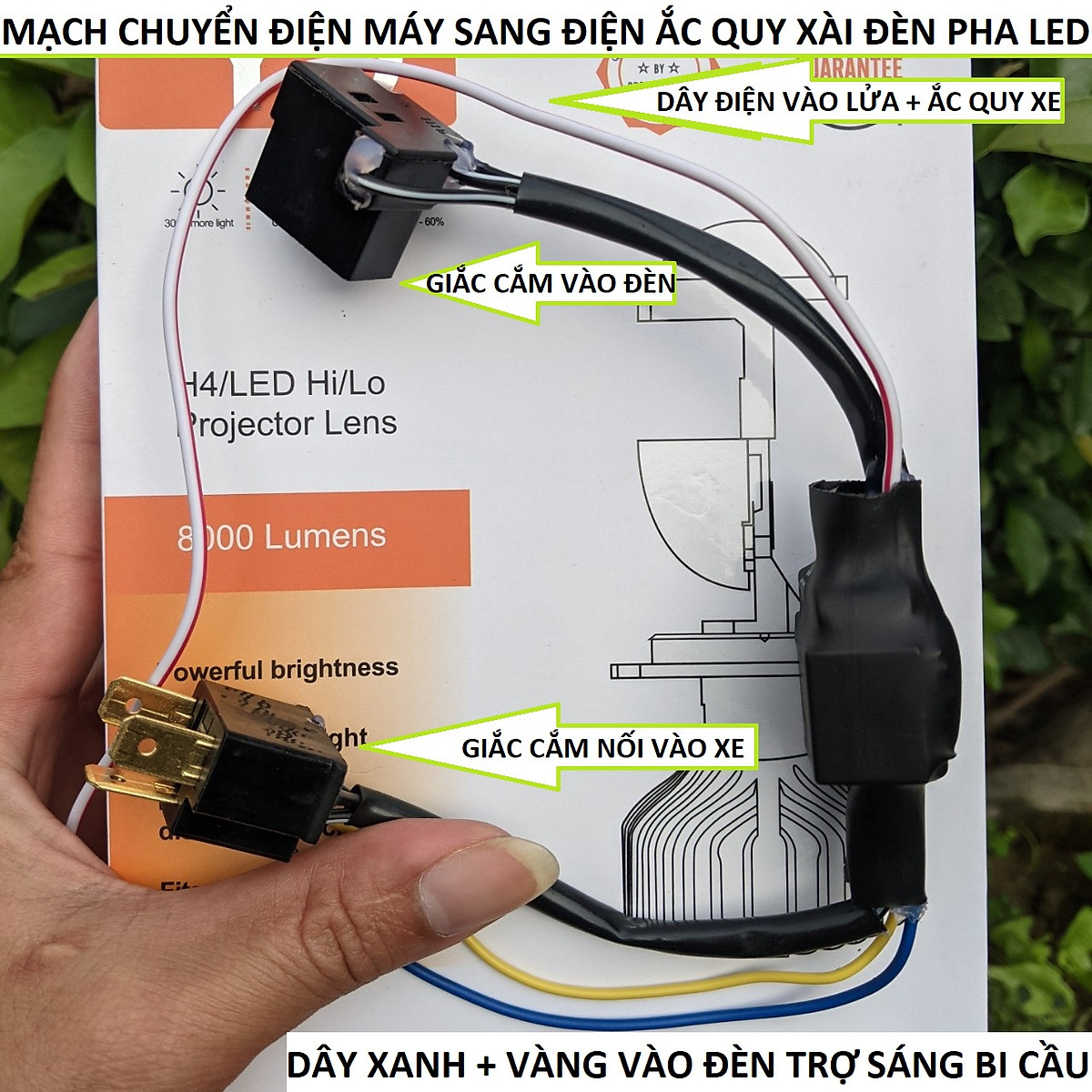 Mạch đổi điện bình sẵn giắc cắm lắp zin cho đèn pha led và đèn trợ sáng xe máy loại tốt, phụ kiện xe