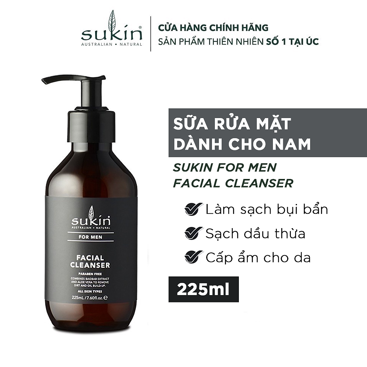Sữa rửa mặt dành cho nam Sukin For Men Facial Cleanser 225ml