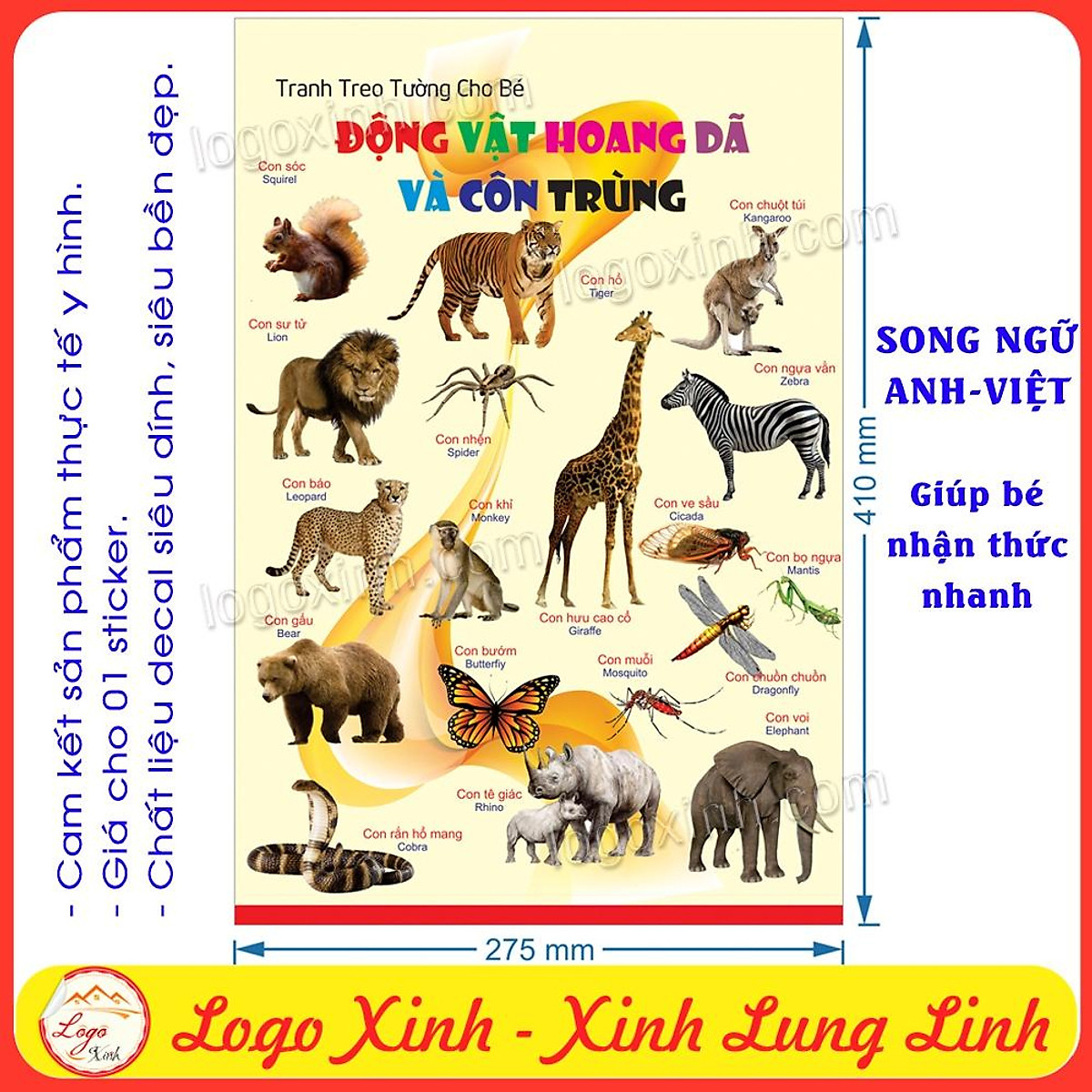 STICKER TRANH DÁN TƯỜNG CÁC LOẠI ĐỘNG VẬT VÀ CÔN TRÙNG SONG NGỮ ...