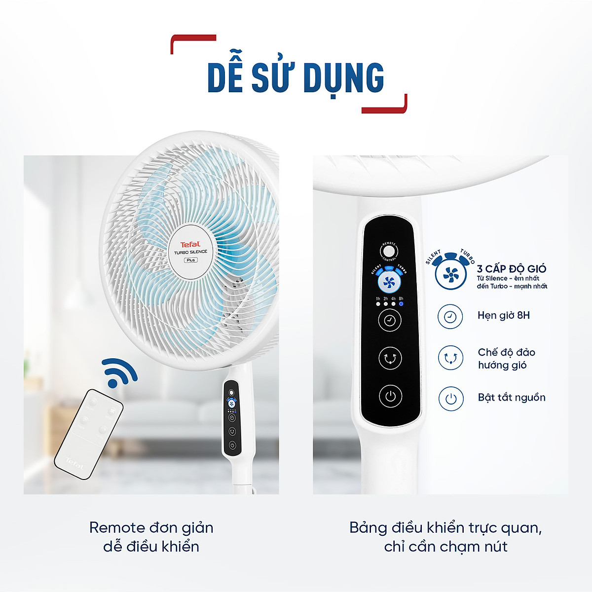 Quạt đứng có điều khiển từ xa Tefal Turbo Silence Plus VH689990 màu trắng cánh xanh - Hàng chính hãng