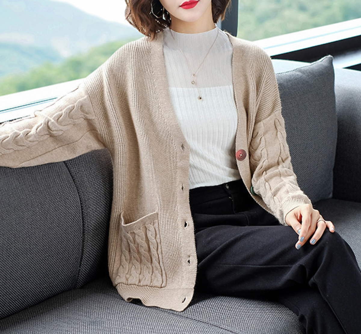 Áo Khoác Cardigan Nữ Cổ V Phong Cách Thu Đông Hàn Quốc ALN043 MayHomes Chất Liệu Len