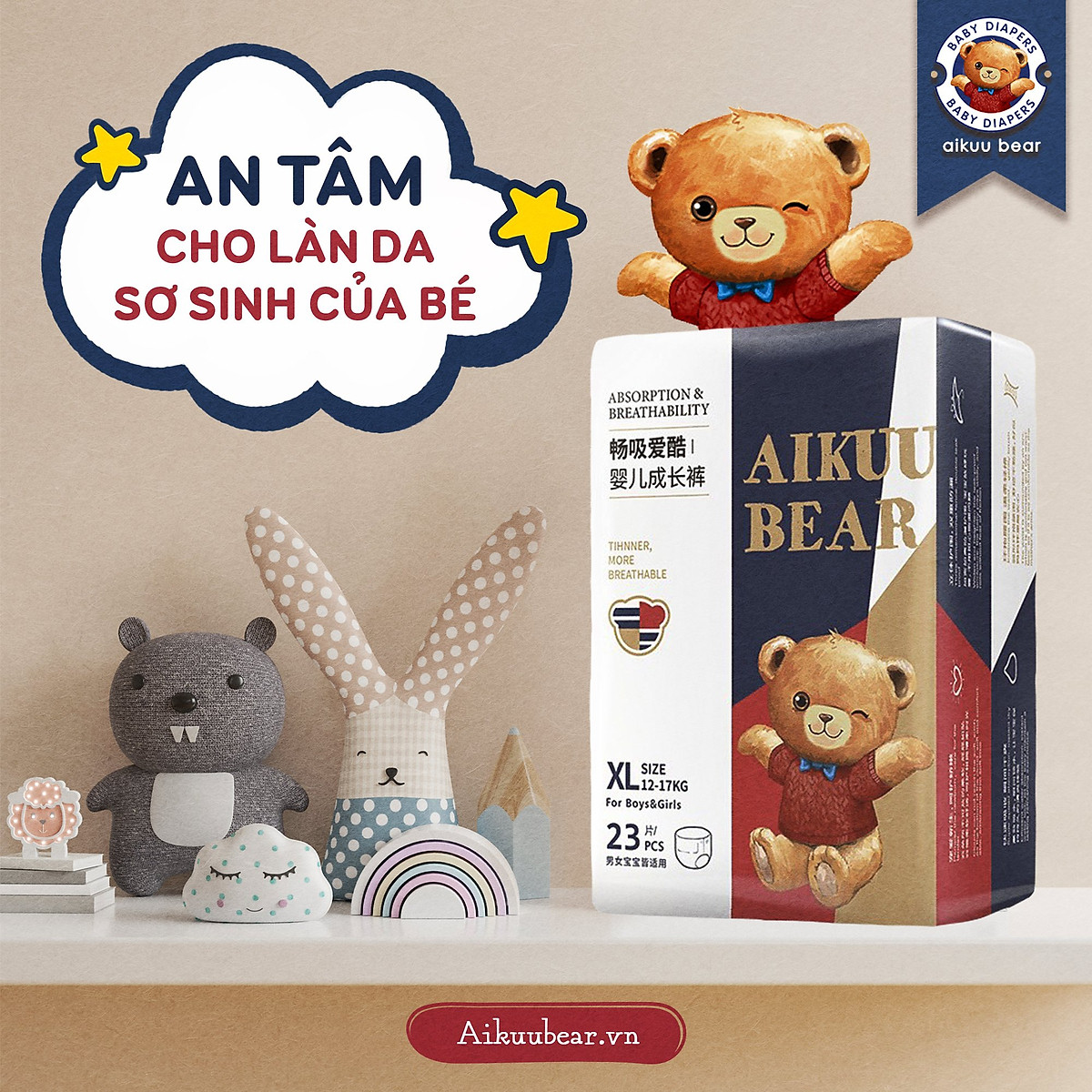 Tã Bỉm AIKUU BEAR Dán/Quần đủ size S56,M50,L48,XL46,XXL44,XXXL42 Chính Hãng