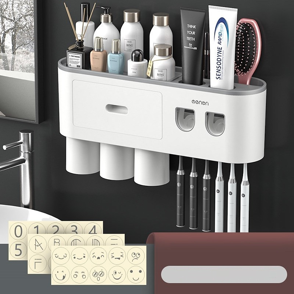 Bộ liền 2 nhả kem đánh răng tự động, Giá treo bàn chải kèm 3 cốc hút từ tính lắp đặt dán tường - OE2KEM