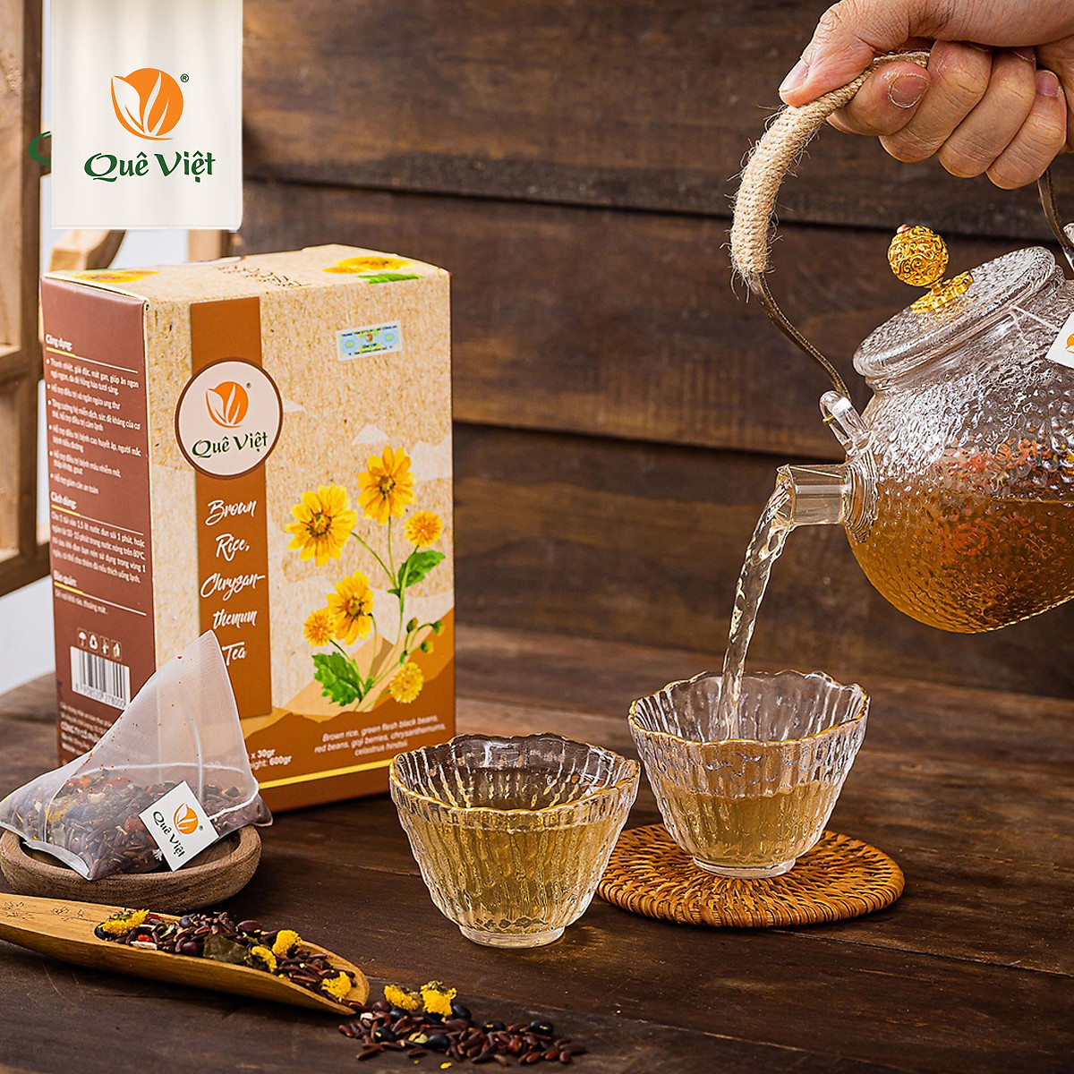 Trà hoa cúc gạo lứt Quê Việt thanh nhiệt, ngủ ngon, điều hoà huyết áp hộp 600gr