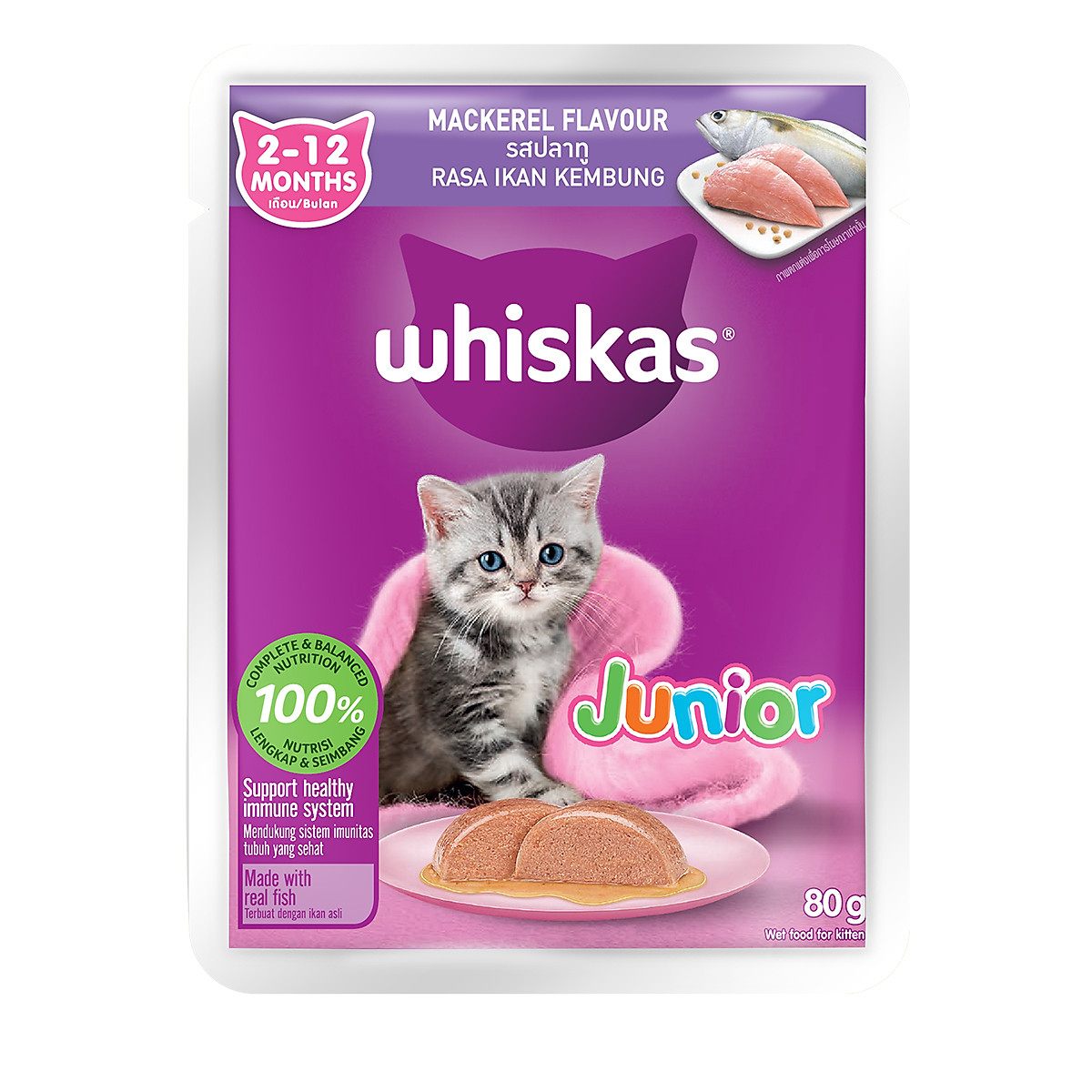 Thức Ăn Cho Mèo Con WHISKAS Junior 2-12 months Vị Cá Thu 80g/Gói