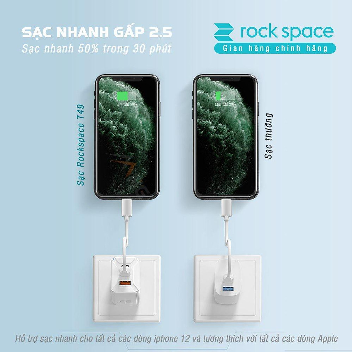 Củ sạc siêu nhanh 65W Rockspace T60 3 cổng sạc, 2 typeC 1 USB - Hàng chính hãng