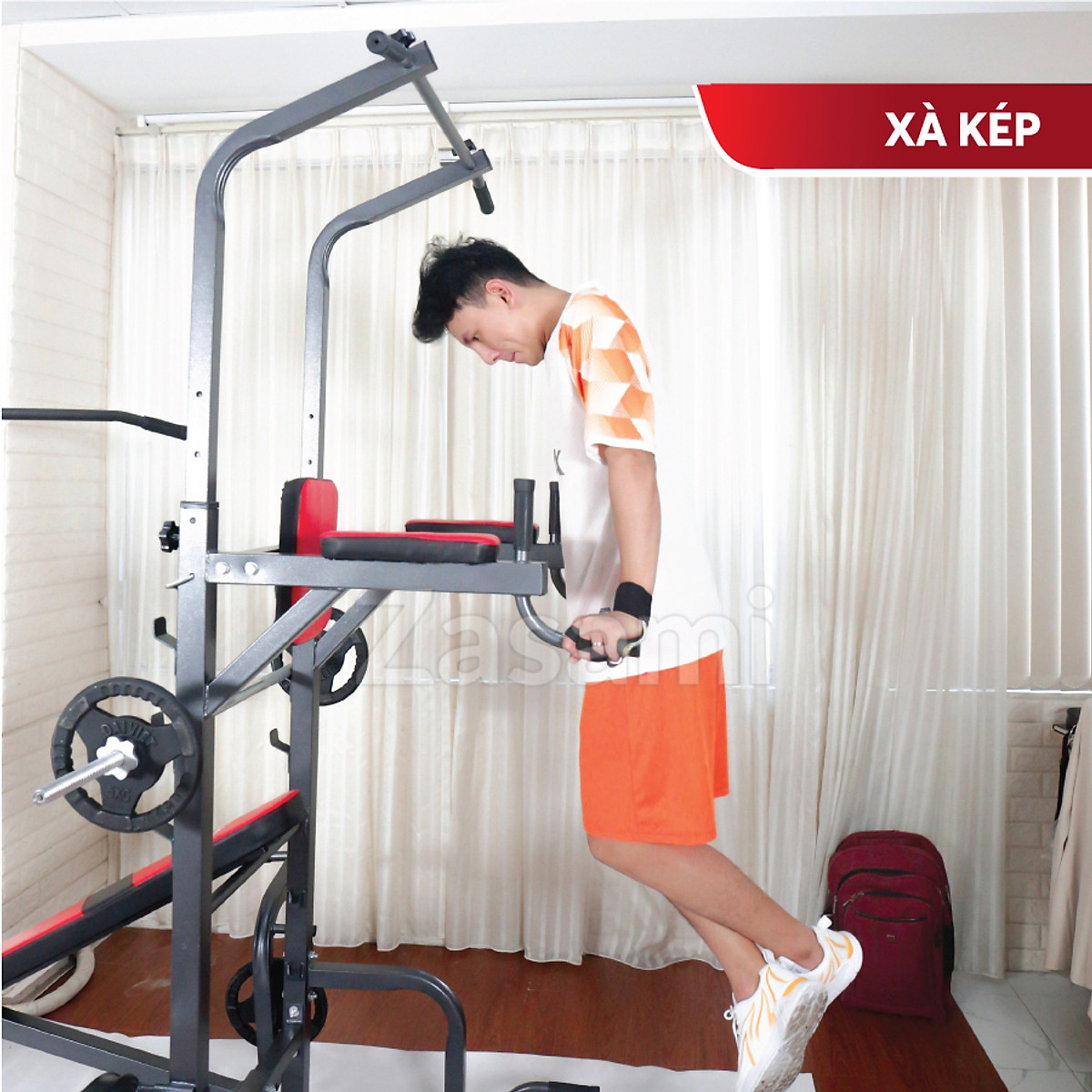 Giàn tạ đa năng kết hợp xà đơn xà kép Zasami 8211 - Kèm 54kg tạ gang , đòn tạ 1m5, 1 găng tay tập tạ