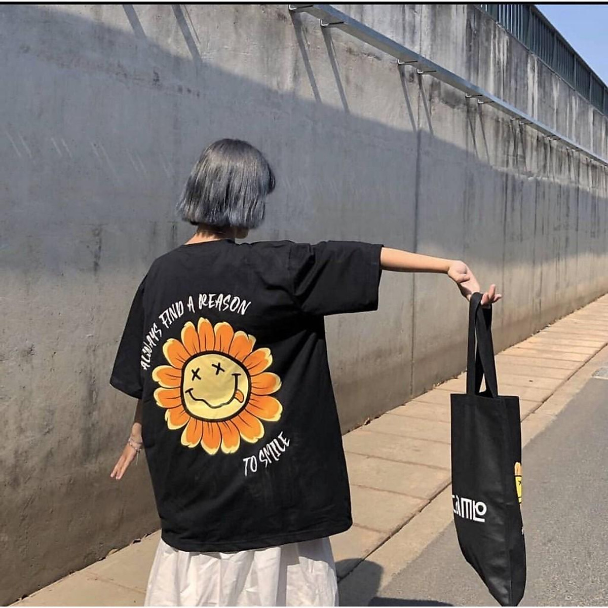 Áo thun tay lỡ form rộng in hình hoa mặt cười, hình in to và cực đẹp, có size to(Big size), phong cách Unisex AL11