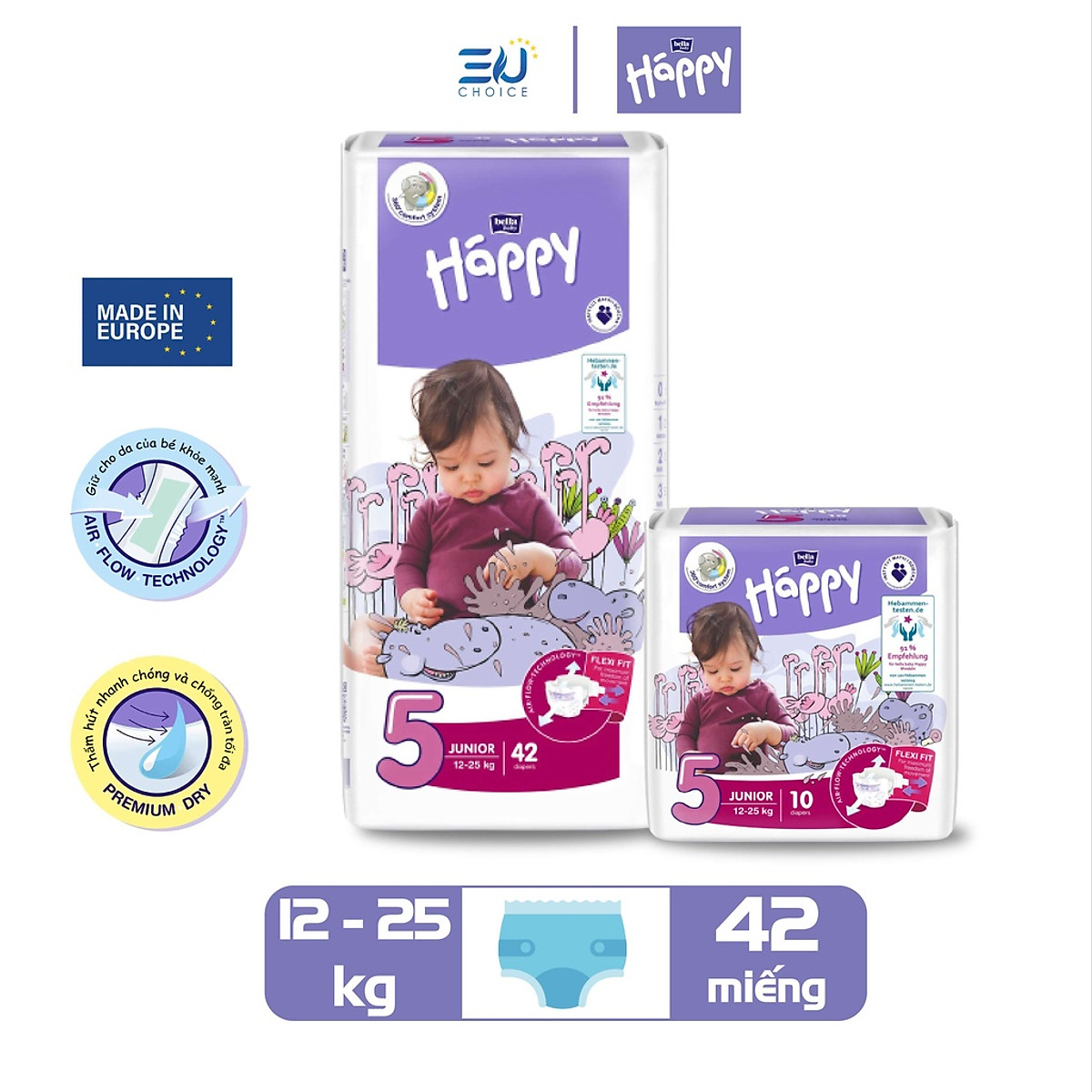Bỉm T5, tã dán cao cấp BELLA HAPPY nhập khẩu Pháp 42 miếng cho bé 12 - 25kg thoáng mát, thấm hút, chống tràn
