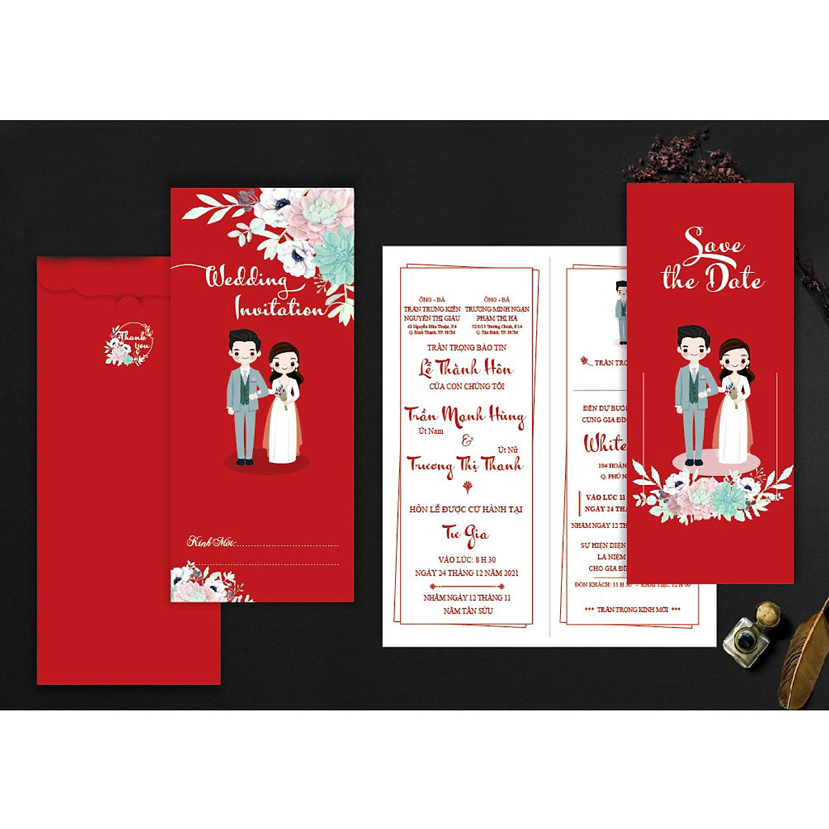 Thiệp cưới DQ2025 Đỏ nhung  In ấn Ưu Việt