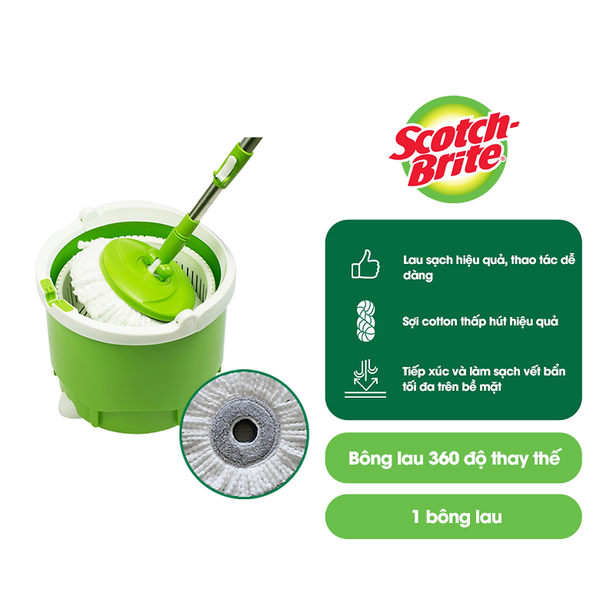 Bông lau thay thế Bộ cây lau nhà 360 độ lồng giặt và vắt tích hợp Scotch Brite 3M Lấy sạch tóc
