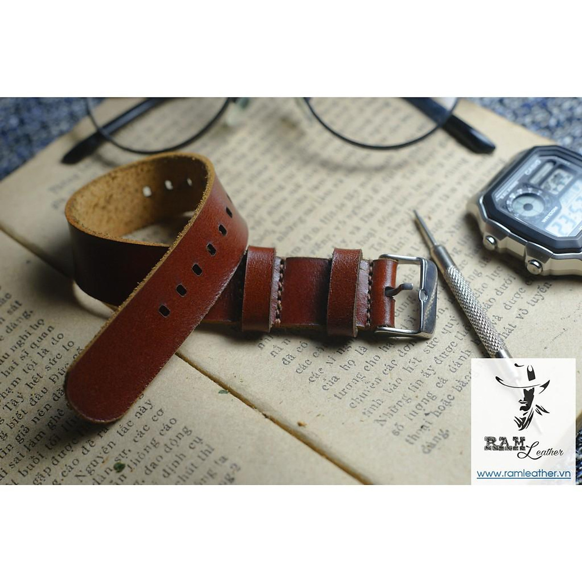 Mua Dây đồng hồ RAM NATO da bò – màu nâu đỏ – Đủ size từ 18, 20