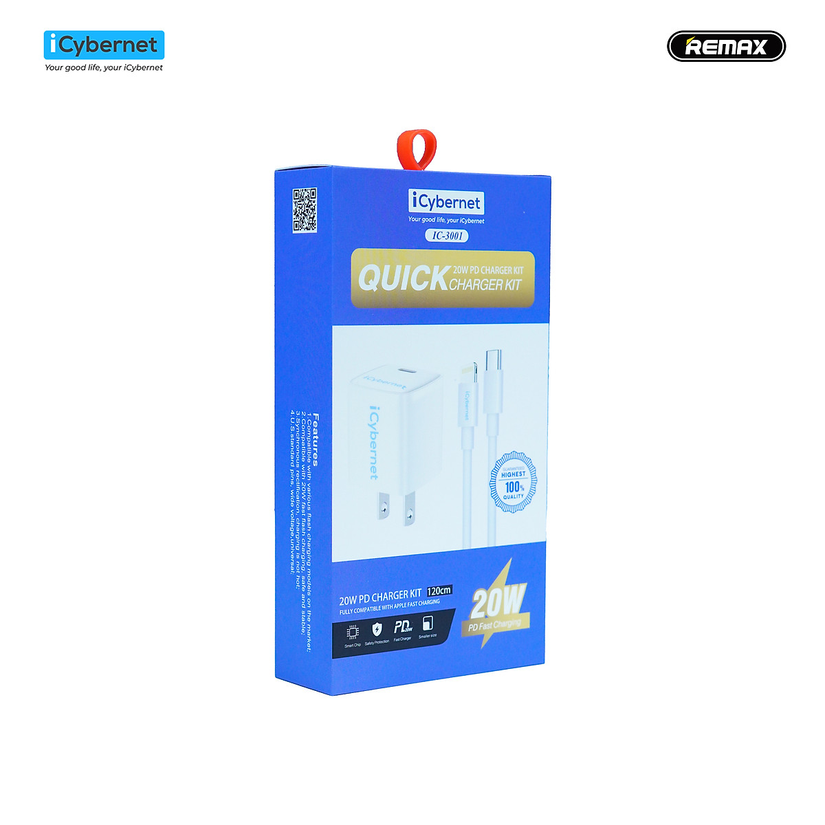 Bộ sạc nhanh chuẩn PD 20W iCybernet IC-3002 cáp C to C 1,2m (Cáp hỗ trợ sạc tối đa 100W cho mọi thiết bị typeC) - Hàng chính hãng
