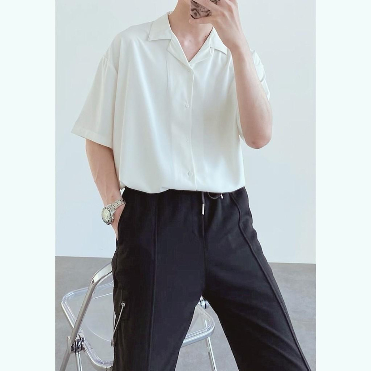 áo sơ mi cổ vest from rộng dành cho nam nữ unisex tay ngắn sành điệu vải  mặc mát siêu mịn  MixASale
