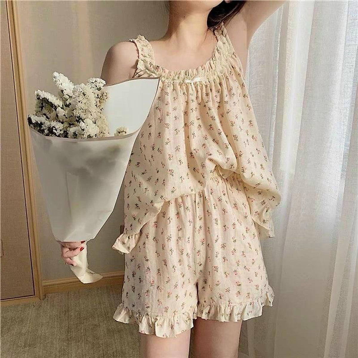 Set Nơ Hoa Nhí Hai Dây Bản To Nữ - Bộ quần áo ngủ mặc nhà kiểu dáng trẻ trung, dễ mặc, bánh bèo