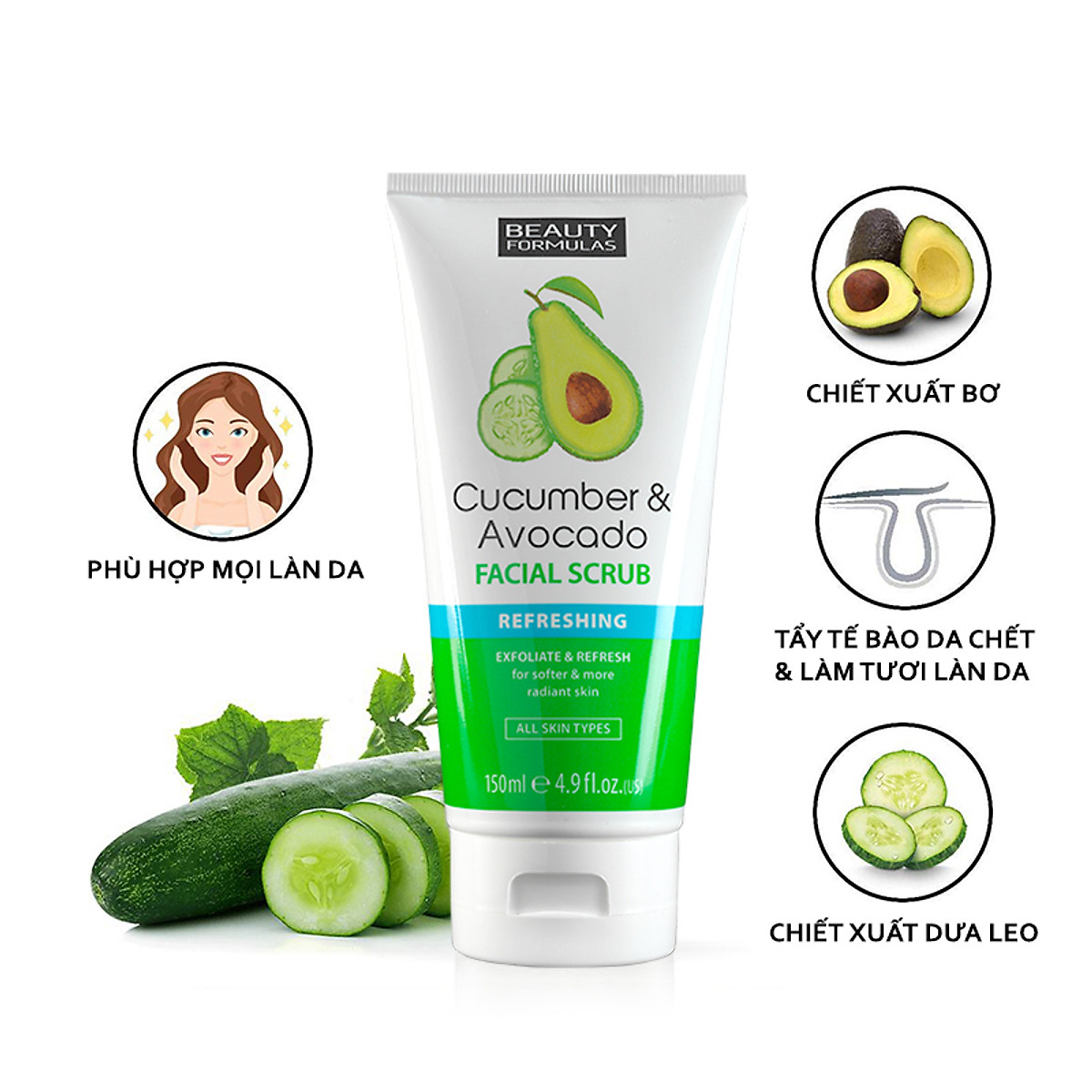 Sữa rửa mặt Beauty Formulas Cucumber & Avocado Facial Scrub 150ml - tẩy tế bào chết tinh chất dưa leo