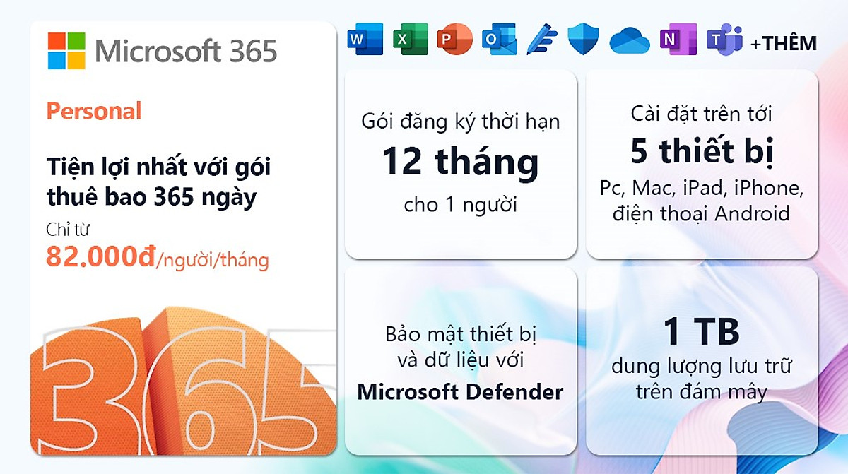 Phần mềm Microsoft 365 Personal English APAC EM Subscr 1YR Medialess P10 (QQ2-01896) - Hàng Chính Hãng