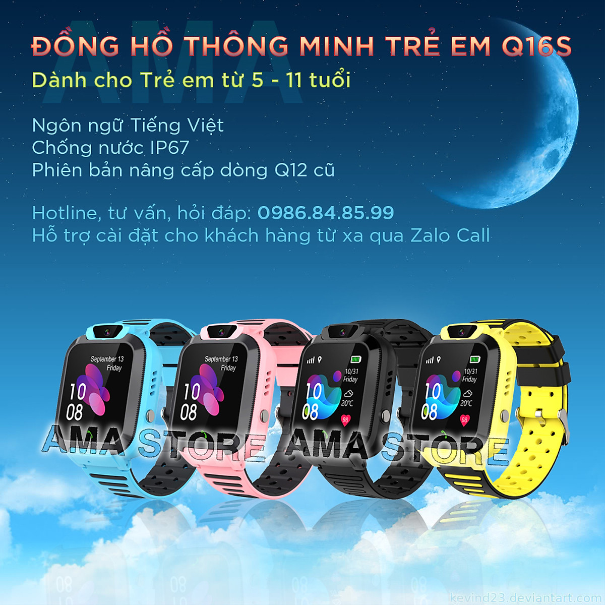 Đồng hồ Thông minh Chống nước IP67 Dành cho Trẻ em nhuẩn AMA Watch Q16S Hàng chính hãng