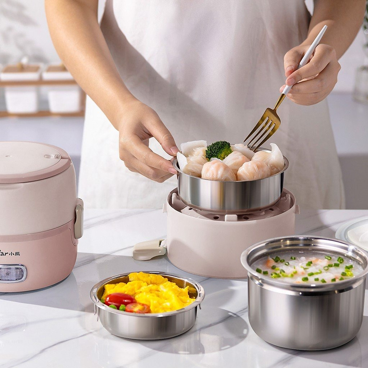 Hộp cơm điện văn phòng cầm tay Bear DFH-B20S6, 3 khay đựng thức ăn, hấp/ đun sôi/ hâm nóng - HÀNG CHÍNH HÃNG