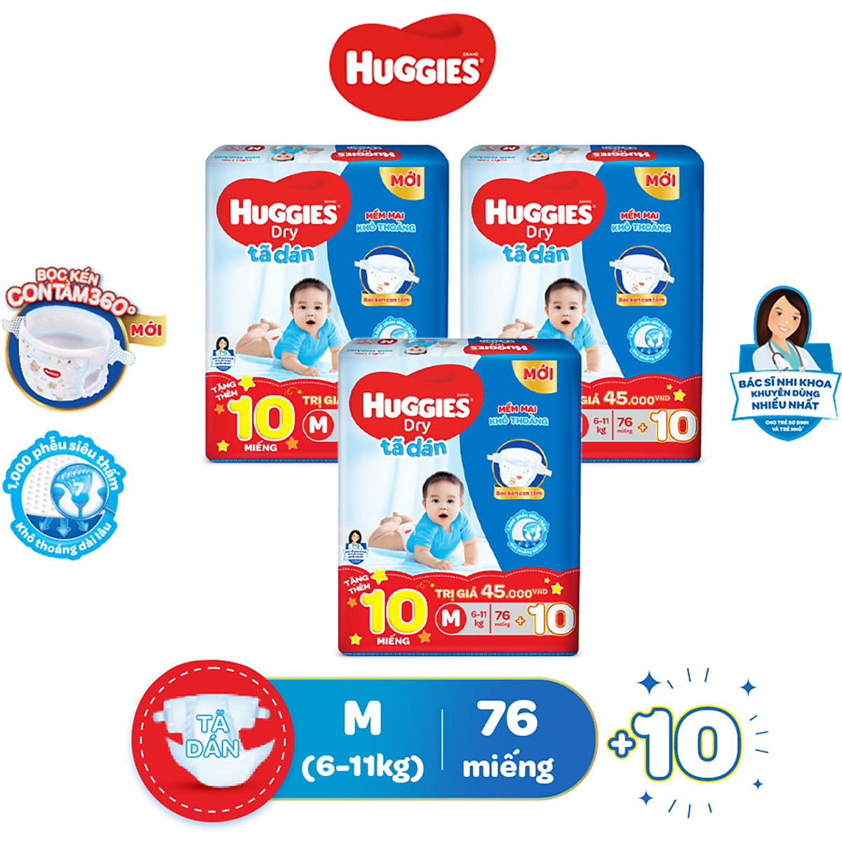 Combo 3 Gói Tã Dán Huggies Dry Gói Cực Đại M76 (76 Miếng) + Tặng 10 miếng