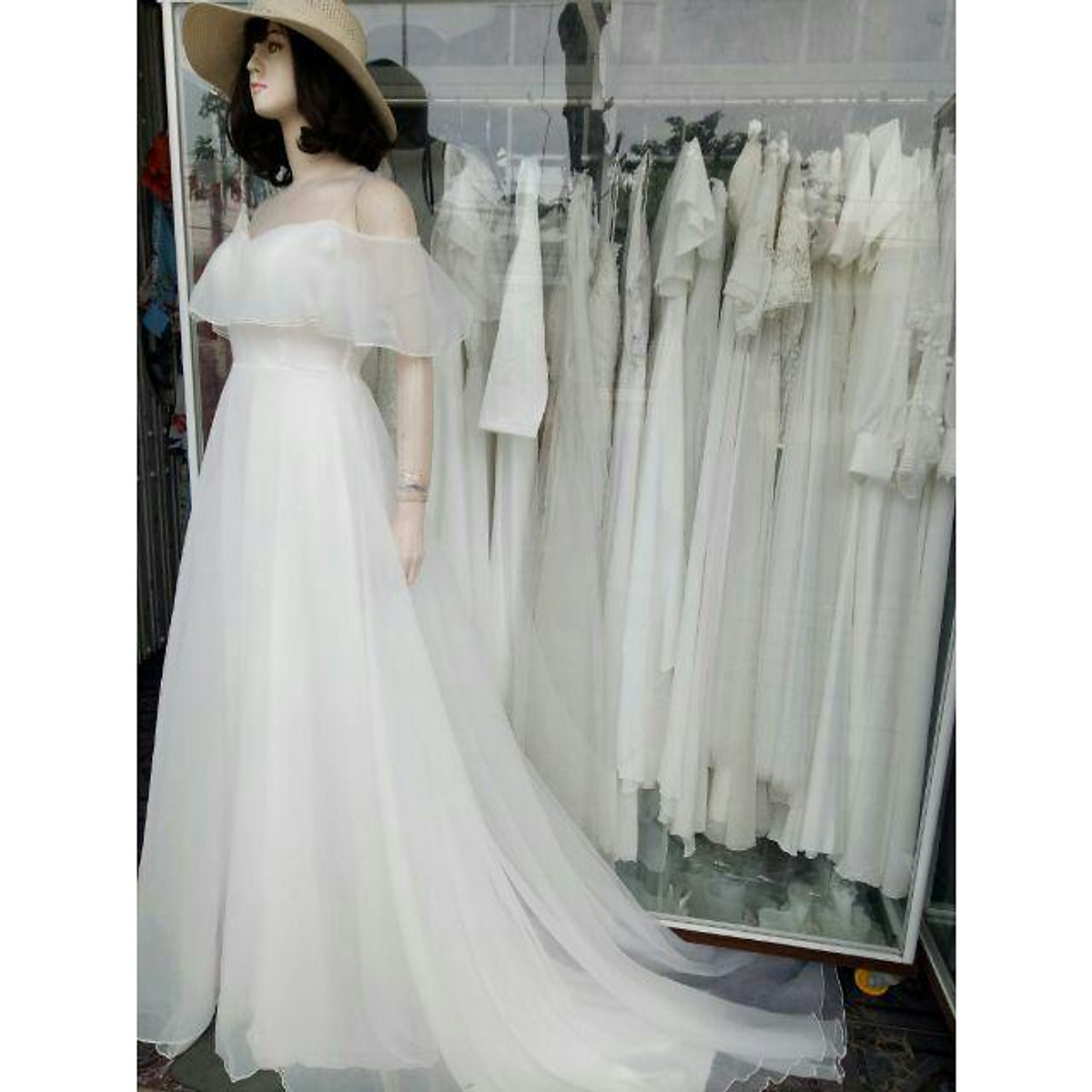 Mua free chỉnh sửa váy đầm dạ hội cưới cô dâu trắng trễ vai đuôi dài dạ  hội cưới đuôi dài váy trắng chụp hình cưới