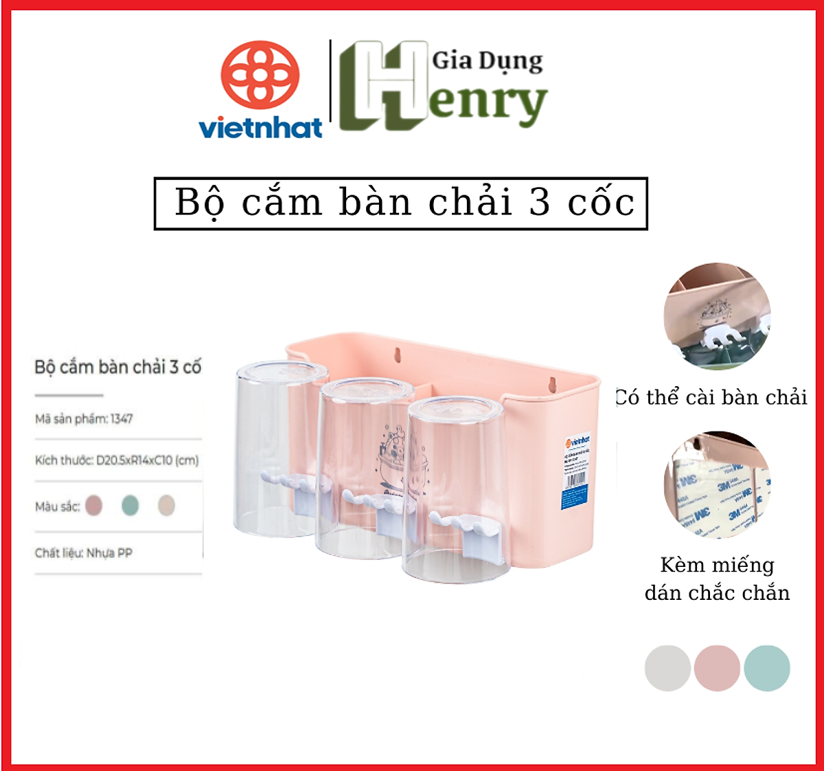 Bộ cắm bàn chải 3 cốc nhựa Việt Nhật - khay kệ để bàn chải, cốc và kem đánh răng kèm miếng dán siêu chắc ( tặng kèm sticker) - HÀNG VIỆT NAM
