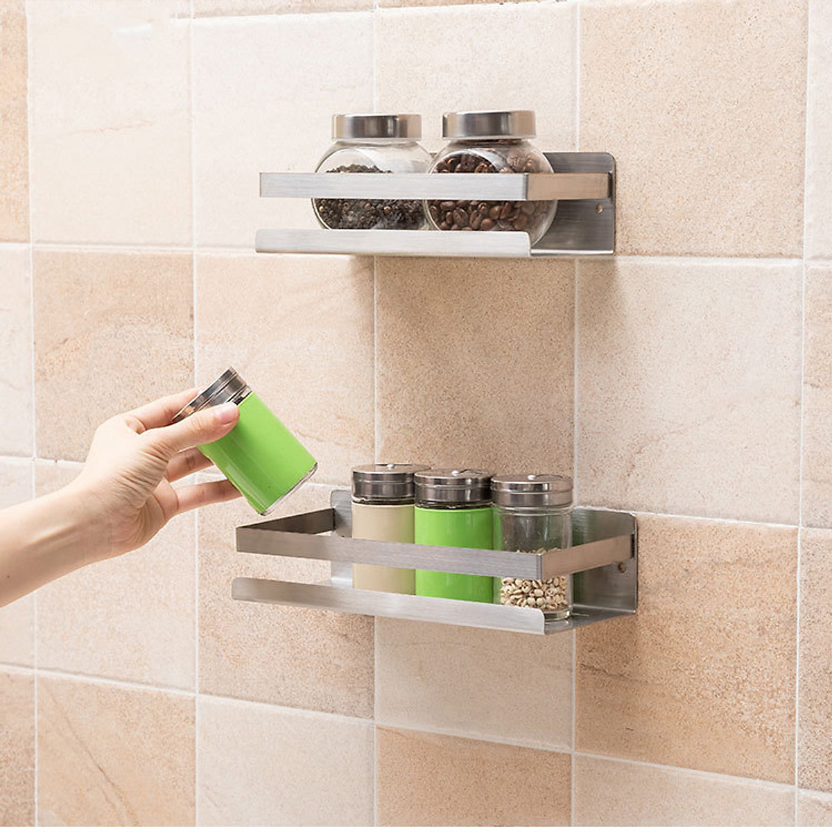 Kệ gia vị Inox 304 dán tường gạch men - có keo dán Sealant Fix -không rỉ sét, đựng được nhiều đồ dùng nhà bếp - 3 kích thước - HOBBY KGVD20 , KGVD23, KGVD28 - hàng chính hãng