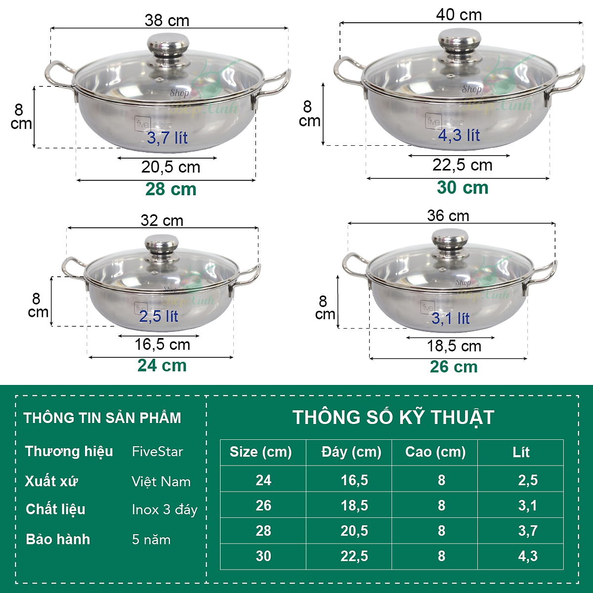 Nồi lẩu 3 đáy inox 430 Fivestar sử dụng bếp từ nắp kính tặng 2 vá canh ( 24cm / 26cm / 28cm )