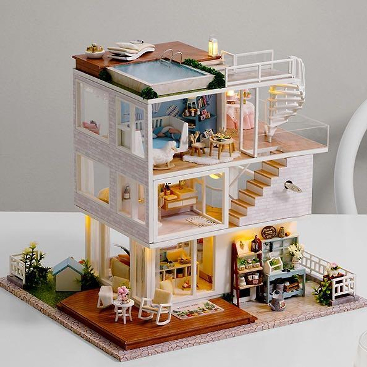 Mô hình nhà búp bê lắp ráp bằng gỗ DIY BIỆT THỰ LÂM VIÊN Kèm 3 BÌNH KEO   MICA  CÓT NHẠC Quà tặng tự làm bằng gỗ  HolCim 