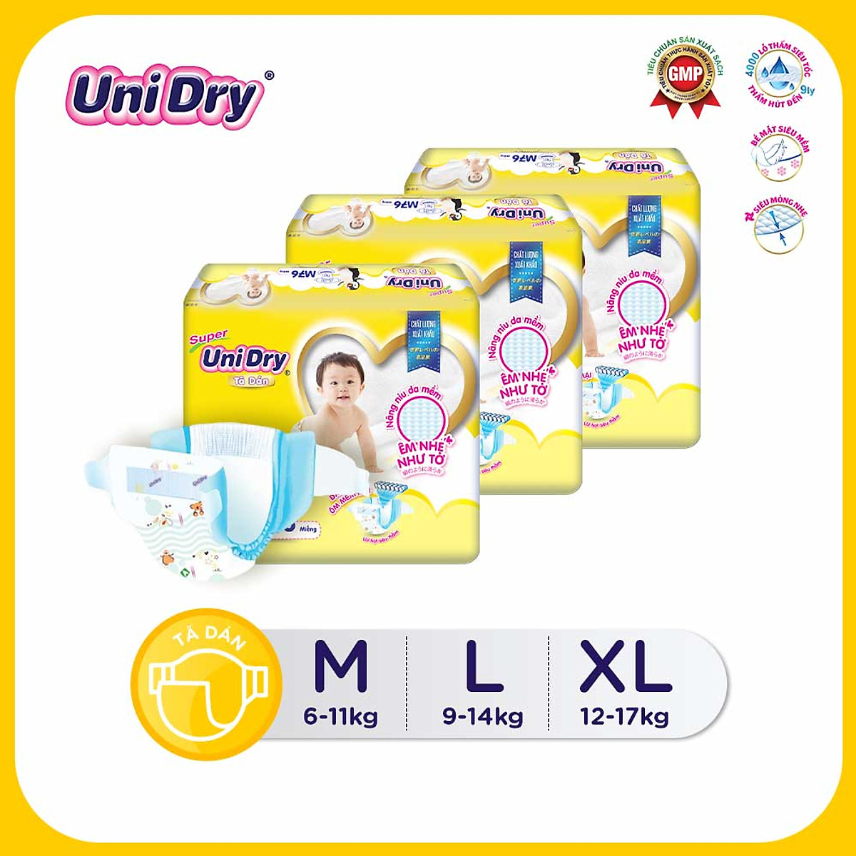 Combo 3 tã dán gói Jumbo UniDry M76-L68-XL62