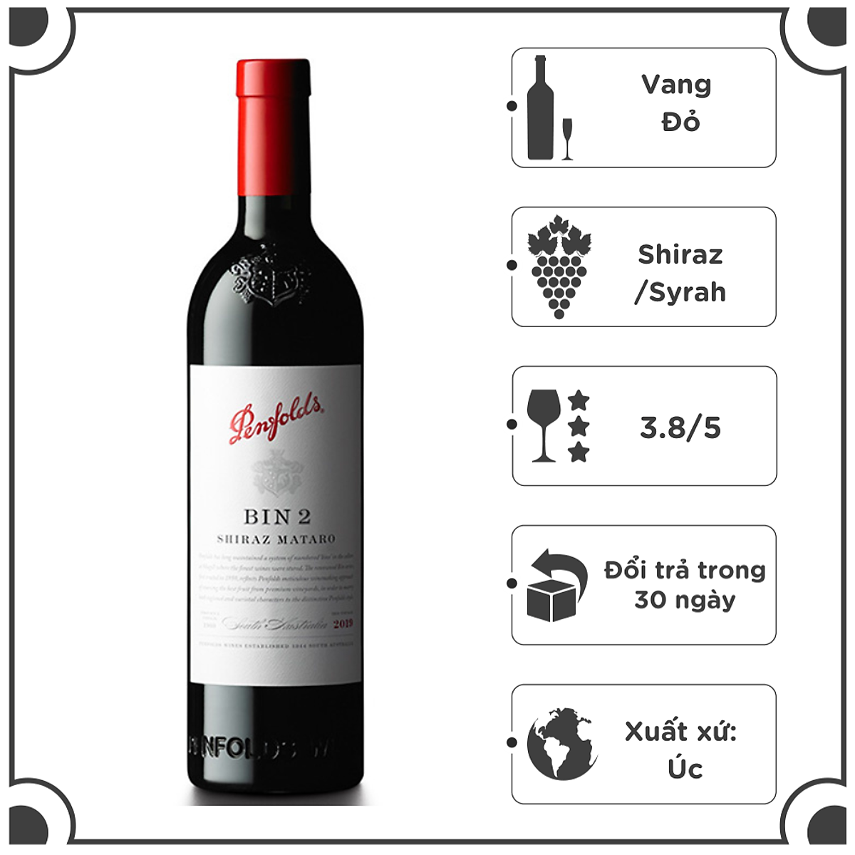 Rượu vang đỏ Úc Penfolds Bin 2 Shiraz Mataro 750ml 14,5% - Không hộp