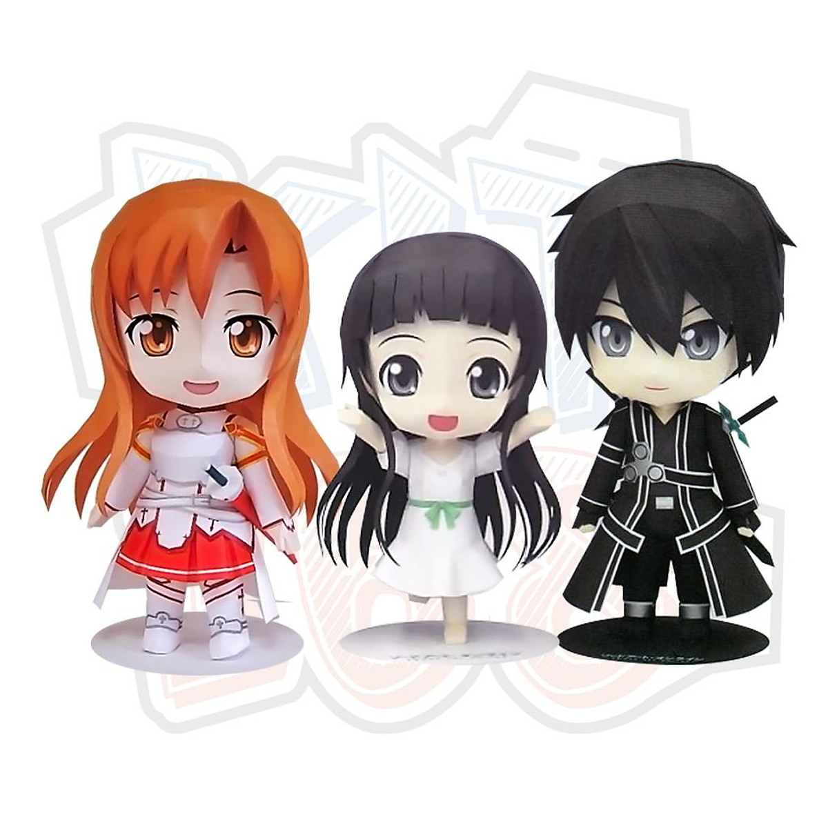 Thiết kế mô hình giấy anime chibi của Kirito, Yui, Yuki và Asuna đầy tinh tế và sống động, hấp dẫn những tín đồ yêu thích anime và manga.