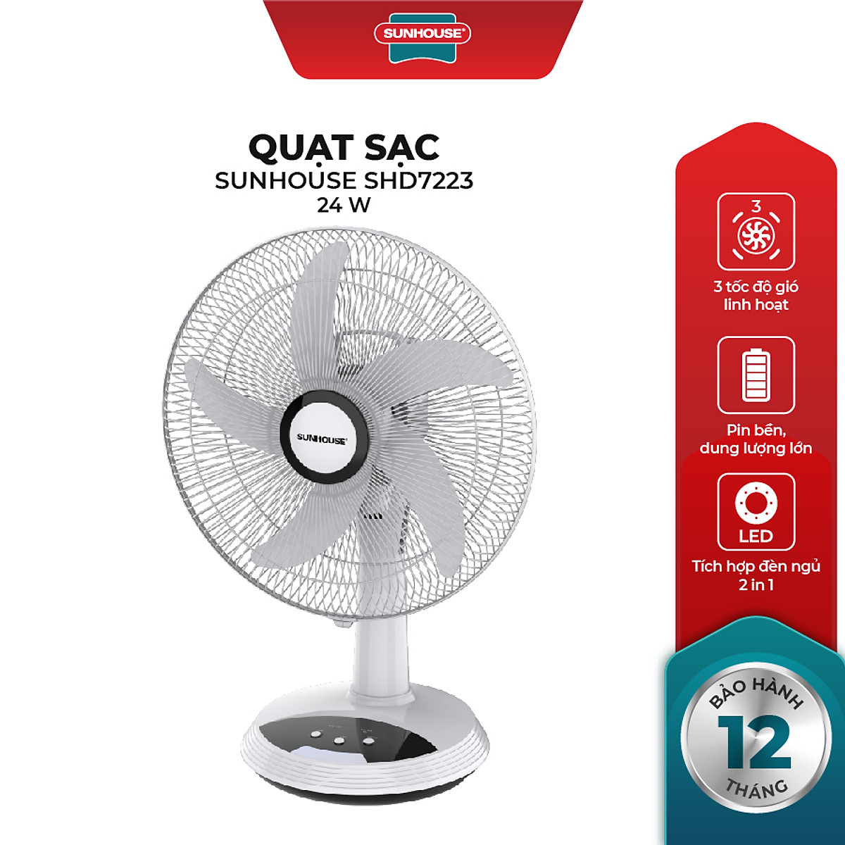 Quạt Sạc Tích Điện Sunhouse SHD7223 (24W) - Hàng Chính Hãng