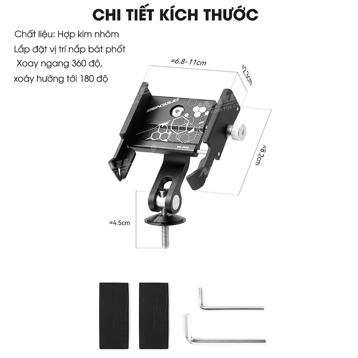 Giá đỡ điện thoại xe đạp, xoay 360 độ BN-2955 gắn nắp bát phốt/ pô tăng, vị trí cổ trụ tiết kiệm không gian, hợp kim nhôm cho xe đạp
