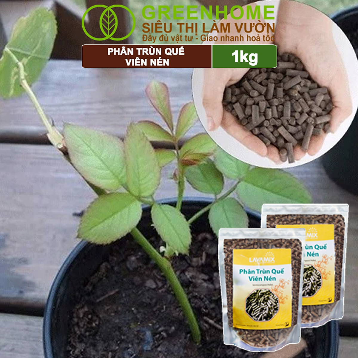 Phân Trùn Quế Viên Nén Greenhome, Lavamix, Bao 1kg, Dinh Dưỡng Hữu Cơ, Không Mùi, Tốt Cho Lan, Bonsai, Rau, Cây Ăn Trái