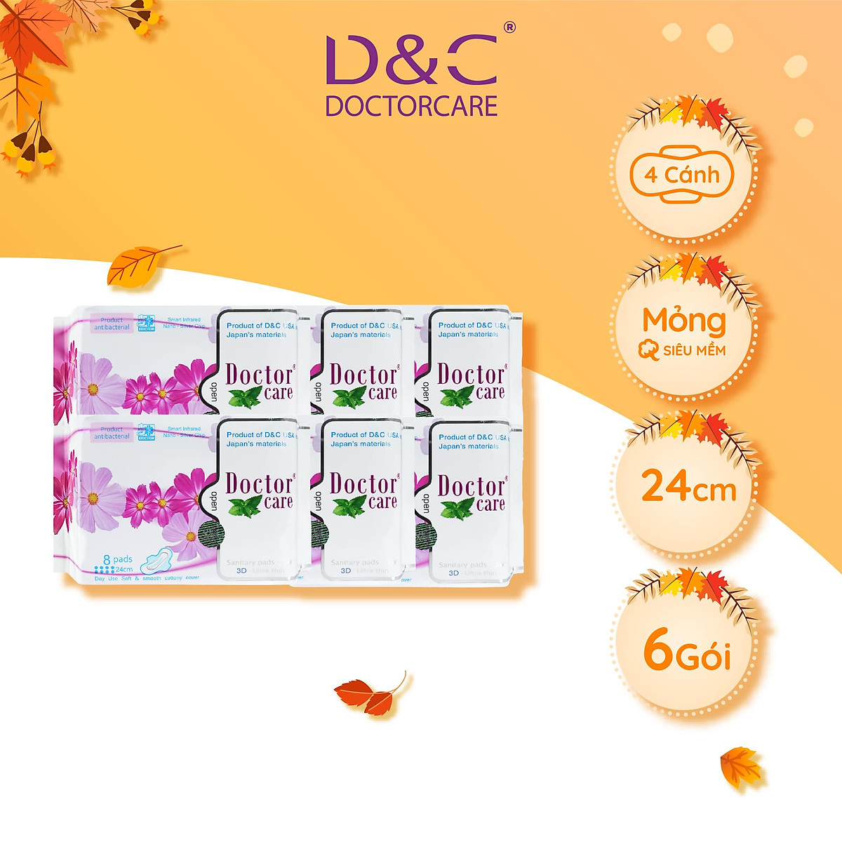 Combo 6 Băng vệ sinh thảo dược Doctor Care, BVS ban ngày 24cm siêu khô thoáng cả ngày dài