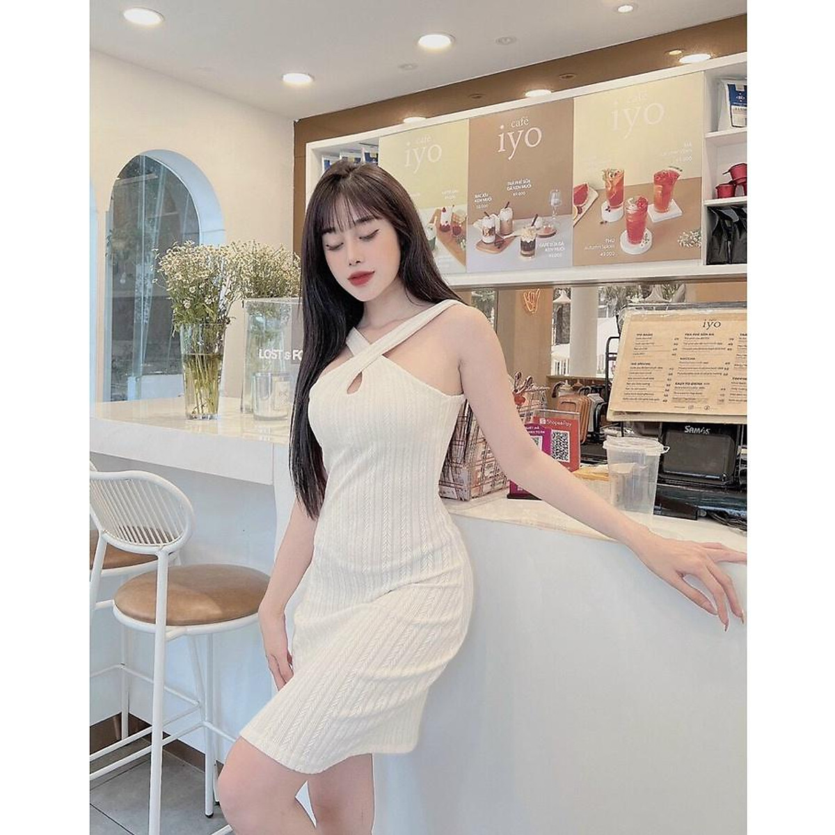 Váy Trắng Hoa Xốp Dây Yếm Chéo Cổ Vuông Dáng Tiểu Thư Siêu Xinh  Váy Gấm  Xốp Dự Tiệc  V07  Shopee Việt Nam