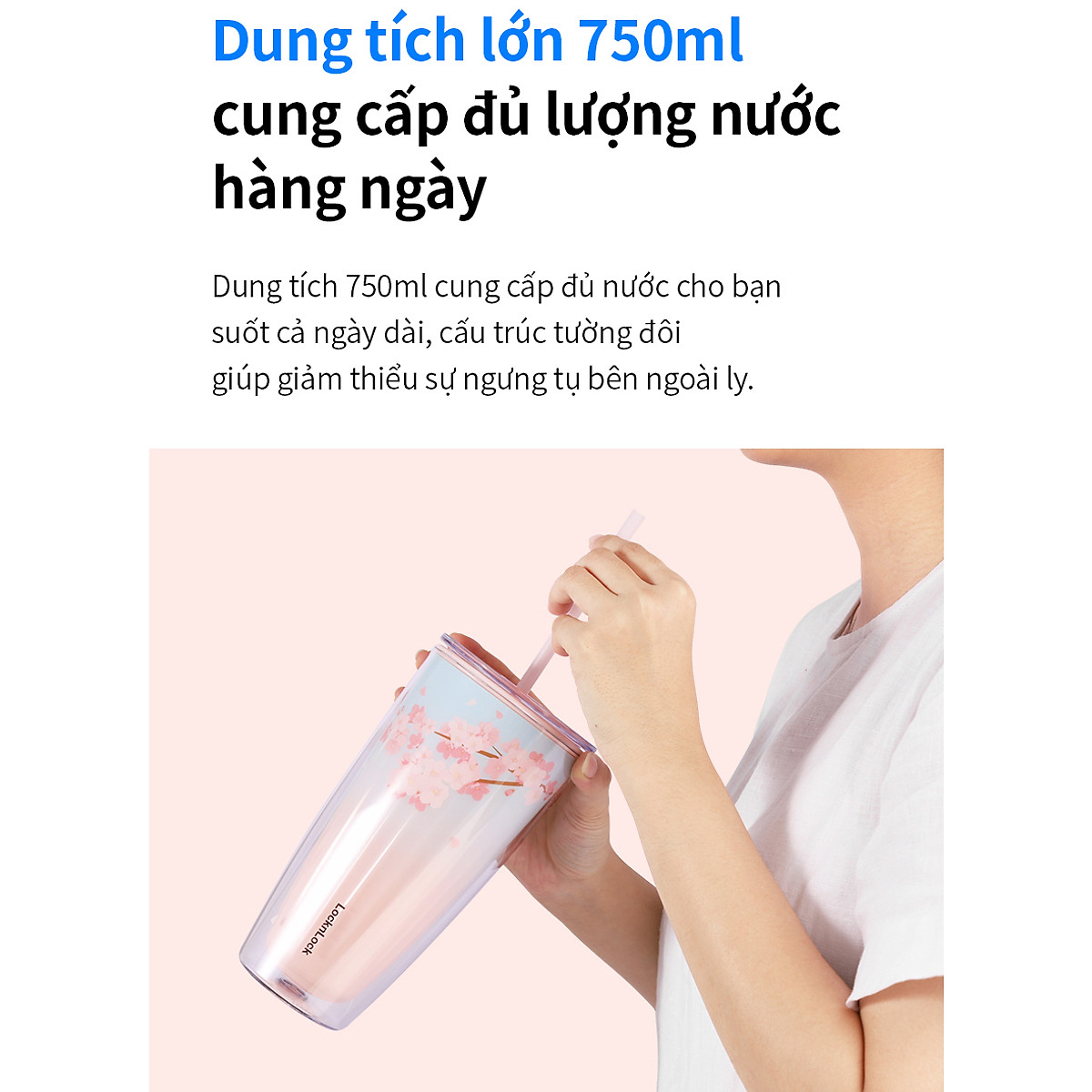Ly nhựa 2 lớp Cherry Blossom Double wall Cold Cup LocknLock HAP522 - Kèm ống hút - Dung tích 750ml