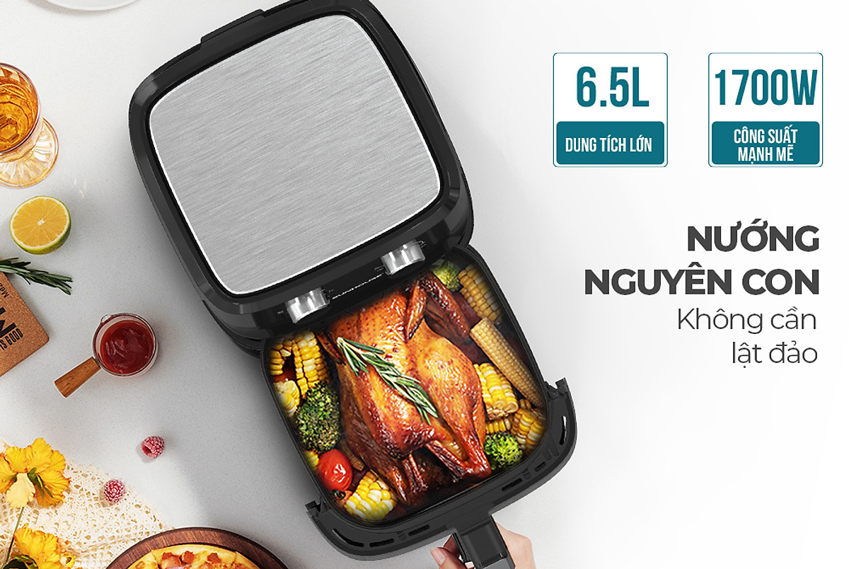 Nồi chiên không dầu 6.5L SUNHOUSE SHD4030 - Công nghệ Rapid Air giảm tới 80% dầu mỡ - Khoang chiên trong suốt - Hàng chính hãng
