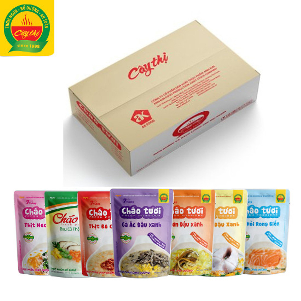 Thùng 35 Gói - 7 Vị Cháo Tươi Cây Thị: Gà Ác Đậu Xanh, Cá Hồi, Cá Lóc, Lươn Đậu Xanh, Thịt Bò, Rau Củ, Thịt Heo