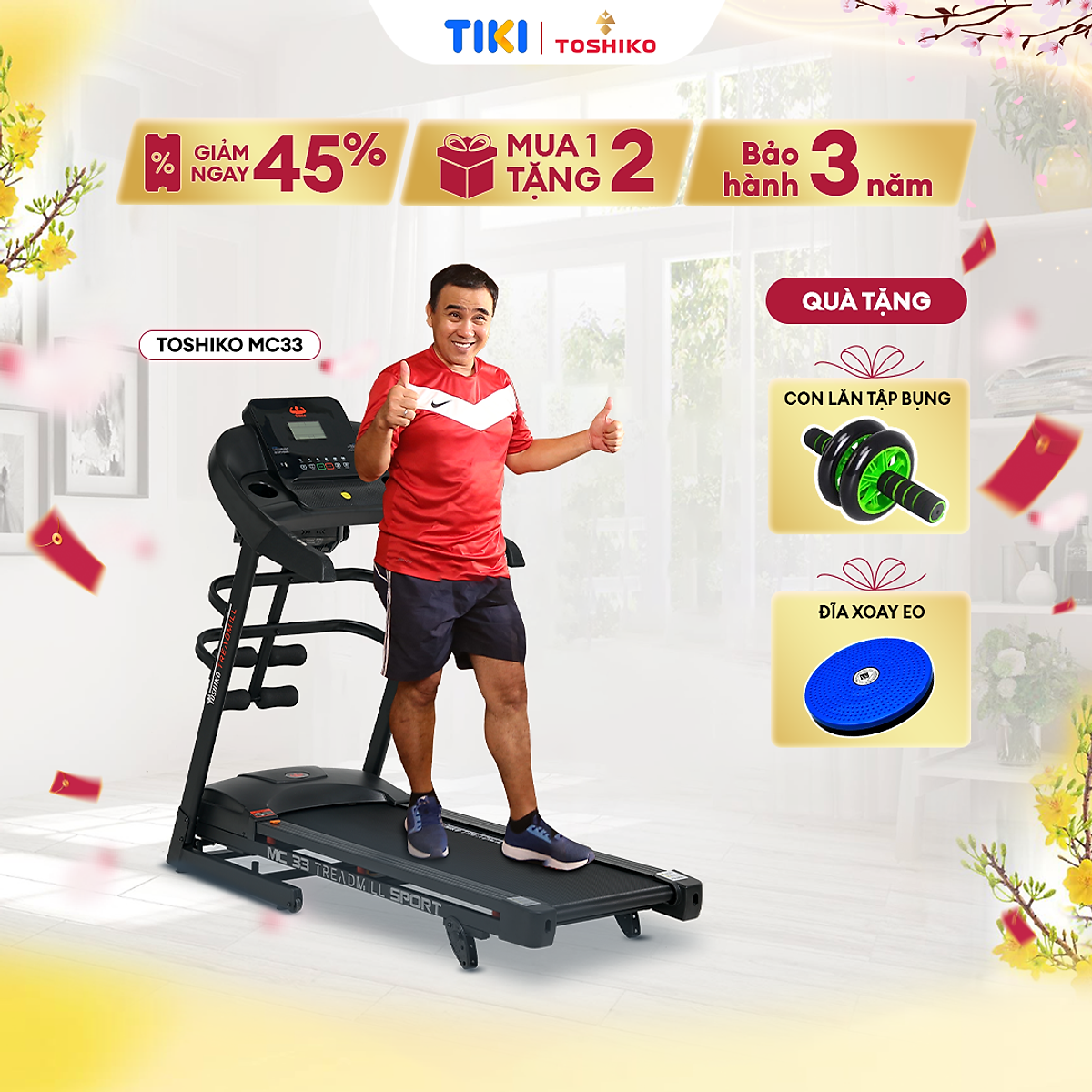 Máy chạy bộ đa năng tại nhà Toshiko MC33 PRO, chức năng nâng dốc tự động theo nhu cầu, kèm theo đai massage và thanh gập bụng, đồng hồ hiển thị thông số nhịp tim, calo tiêu thụ