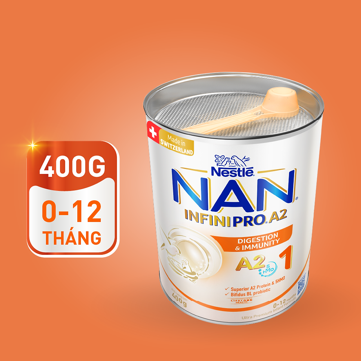 Sữa bột NAN INFINIPRO A2 Thụy Sĩ 1 400g với sự kết hợp độc đáo giữa đạm quý A2 và 5HMO (0 - 12 tháng)