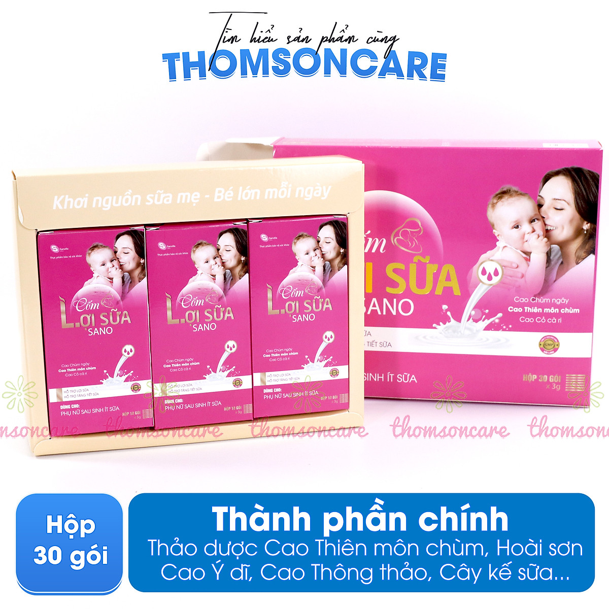 Cốm lợi sữa Sano Sanofia France- giúp lợi sữa, tăng tiết sữa sau sinh cho mẹ ít sữa, sữa loãng từ thảo dược- Hộp 30 gói