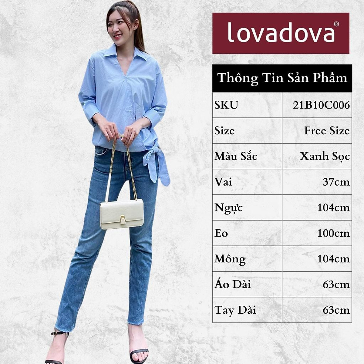 Áo Kiểu Nữ, Dài Tay, Cách Điệu Đắp Chéo, Nơ Bên Hông, Màu Xanh Sọc - Lovadova 21B10C006 Áo Kiểu Nữ, Dài Tay, Cách Điệu Đắp Chéo, Nơ Bên Hông, Màu Xanh Sọc - Lovadova 21B10C006