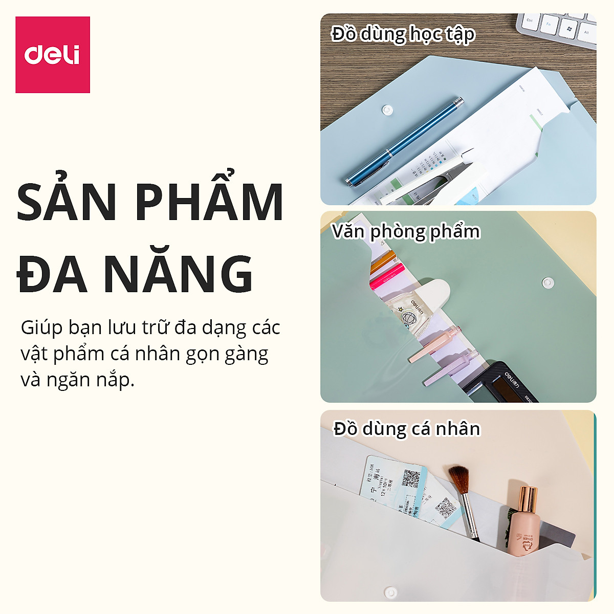 Túi file đựng tài liệu A4 Deli nhiều màu, clear bag bìa đựng tài liệu lưu trữ hồ sơ giấy tờ