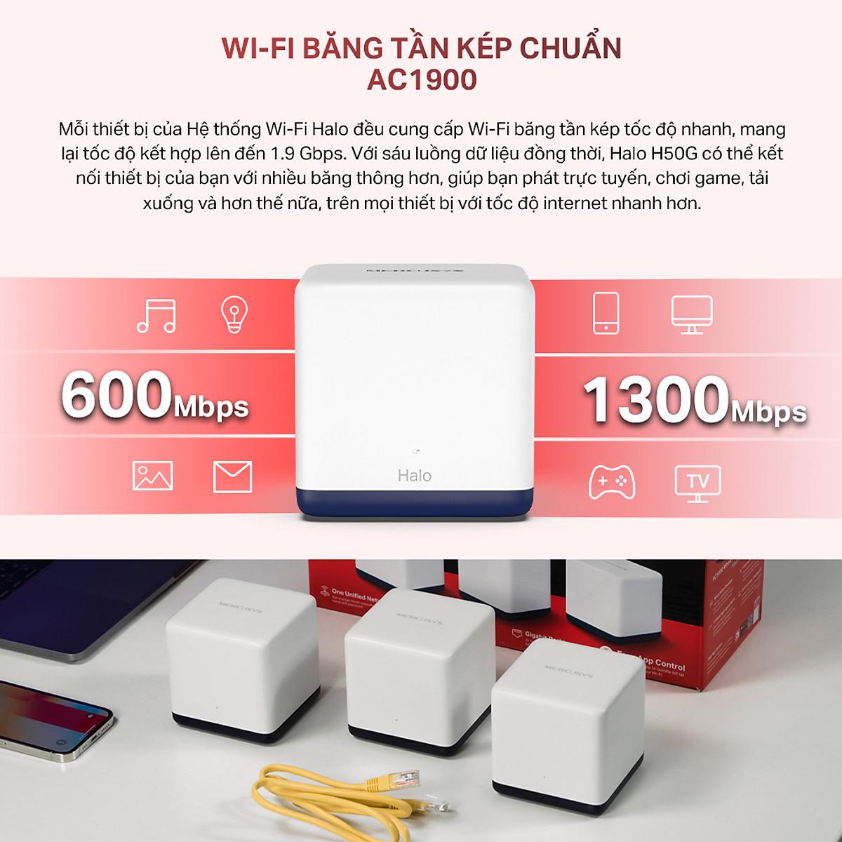 Hệ Thống Wifi Mesh Mercusys Halo H50G Dành Cho Gia Đình Chuẩn AC1900 - Hàng Chính Hãng